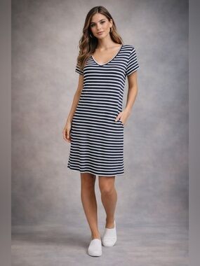 Toad & Co Muse Dress Size L Organic Cotton Midi Navy Blue Striped Pocket